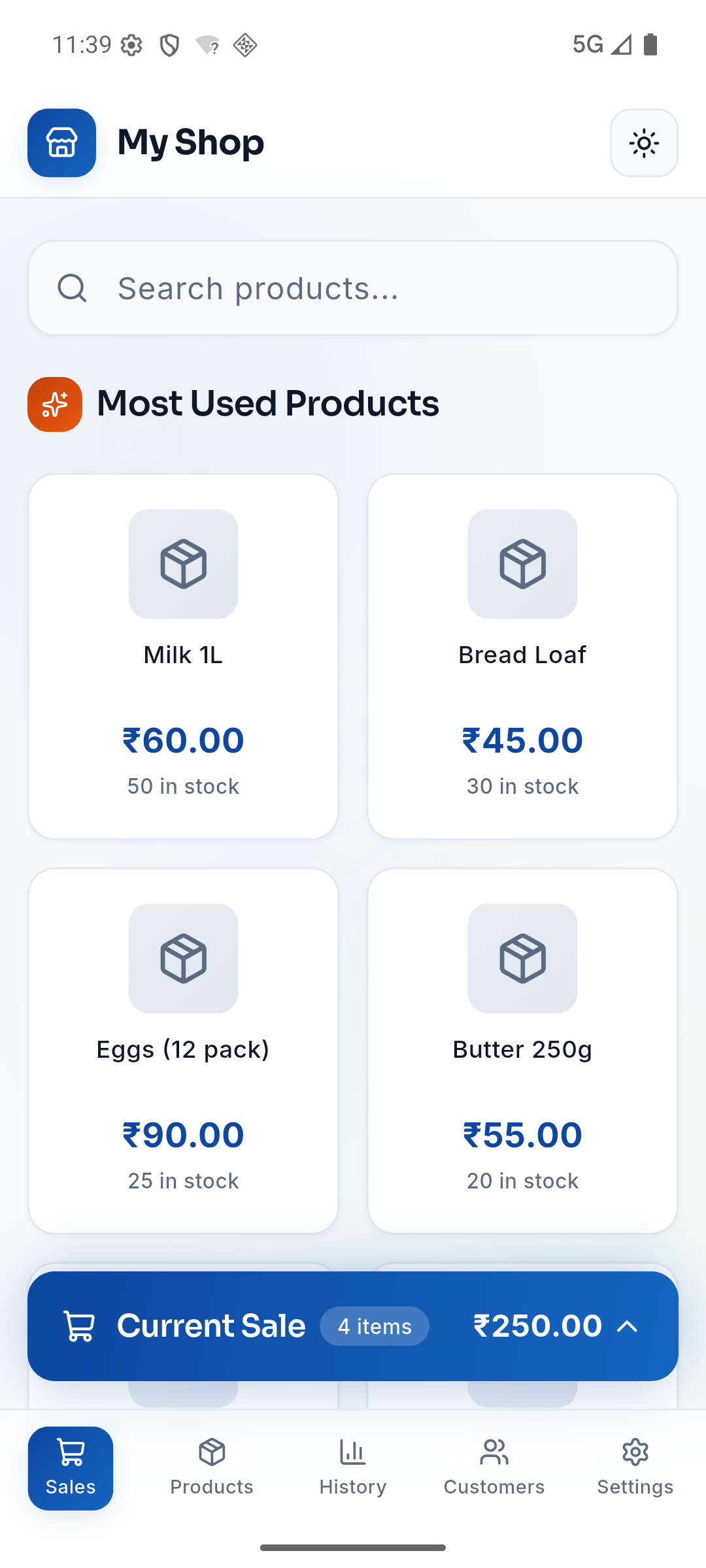 Thyantra Billing sales screen with product grid and search